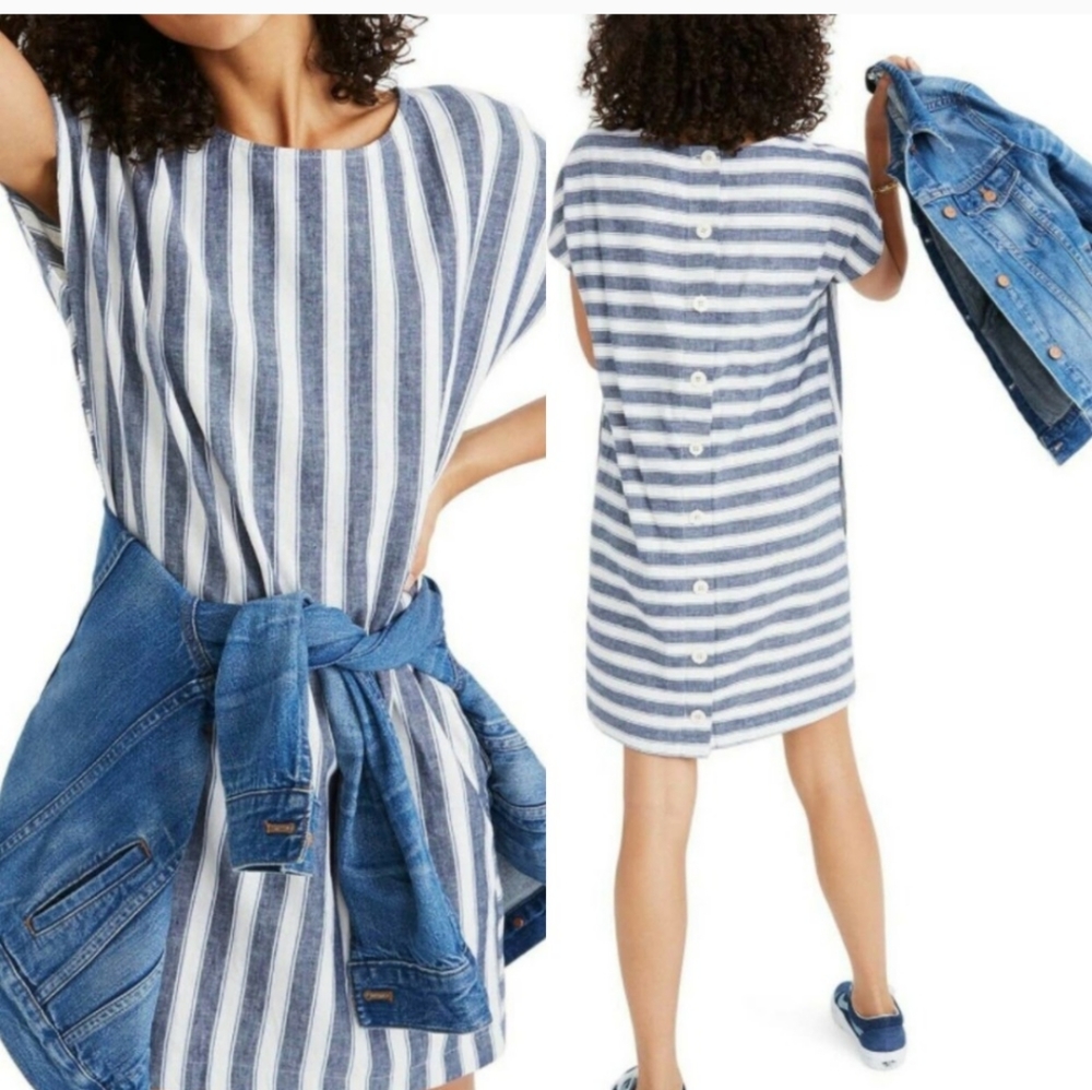 MADEWELL BLUE CREAM LINEN COTTON STRIPE DRESS XS NEW